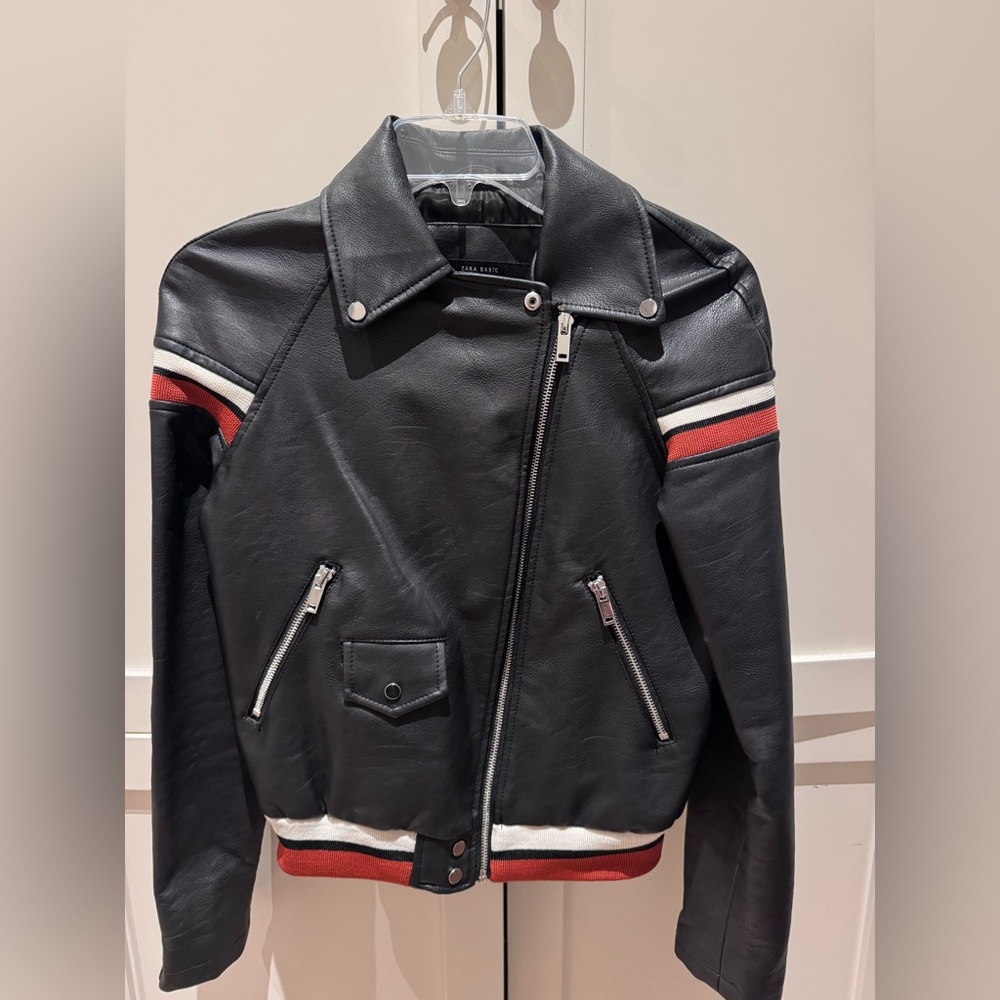 Zara Black Leather Jacket with Red and White Stripes